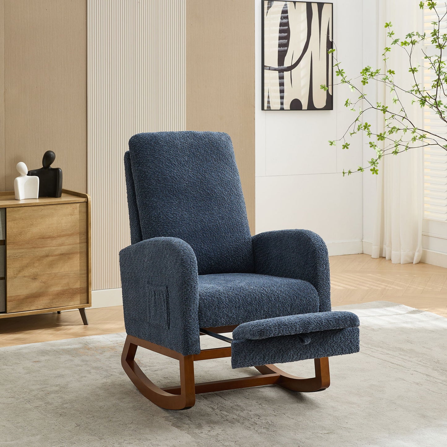 Rocking Chair For Nursery, High Back Glider Chair With Retractable Footrest, Side Pocket, Rocking Accent Armchair With Rubber Wood Legs For Living Room / Bedroom - Navy