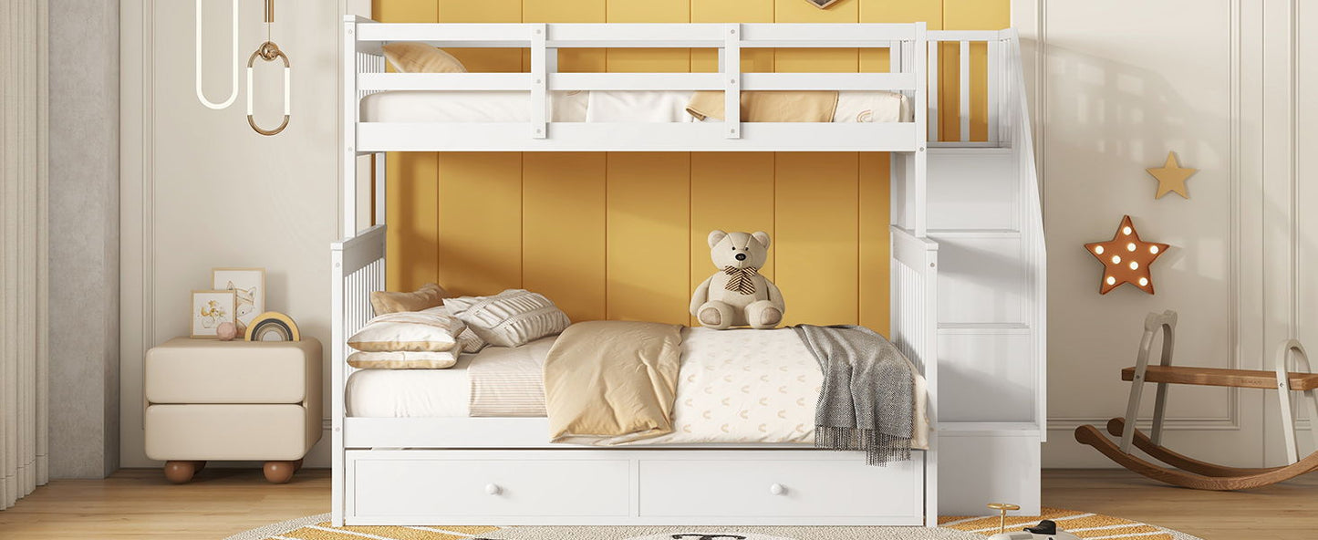 Twin Over Full Bunk Bed With Twin Size Trundle, Storage And Guard Rail For Bedroom - White