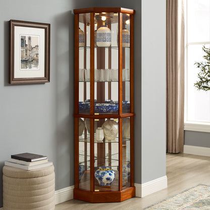 6 Shelf Lighted Corner Curio Cabinet With Adjustable Tempered Glass Shelves And Mirror Back (E26 Light Bulb Not Included) - Oak