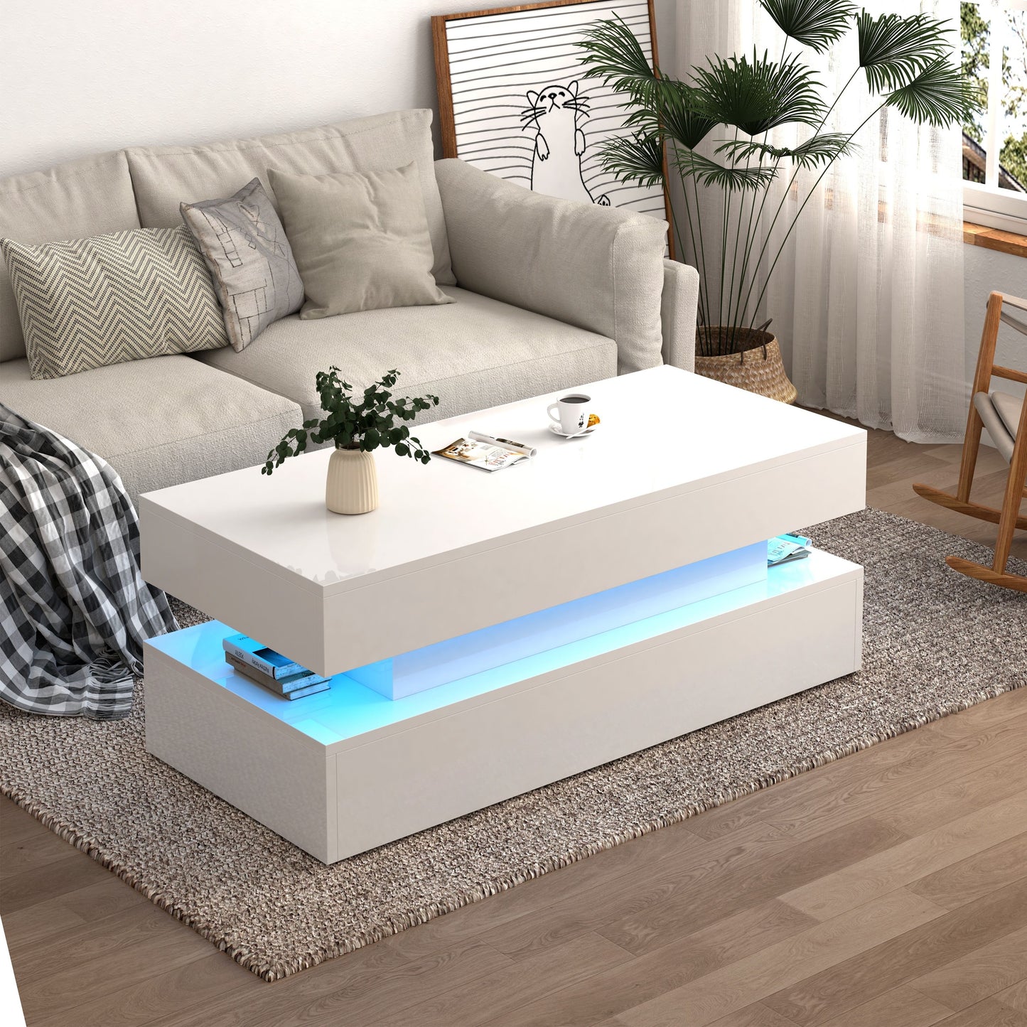 Contemporary Foldable Coffee Table With Drawers And LED White & Metal 3 Tier Design - White