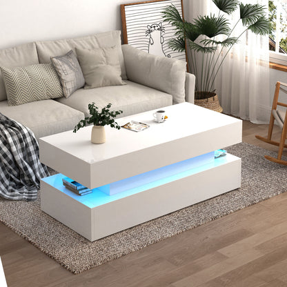 Contemporary Foldable Coffee Table With Drawers And LED White & Metal 3 Tier Design - White
