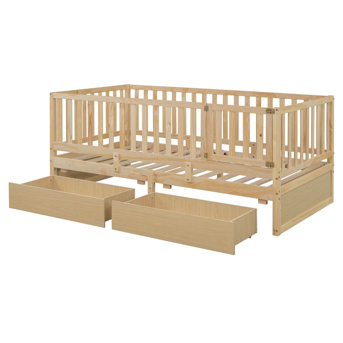 Twin Size Daybed With Fence Guardrails And 2 Drawers, Versatile Split Floor Bed & Daybed - Natural