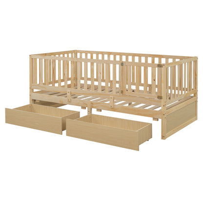 Twin Size Daybed With Fence Guardrails And 2 Drawers, Versatile Split Floor Bed & Daybed - Natural