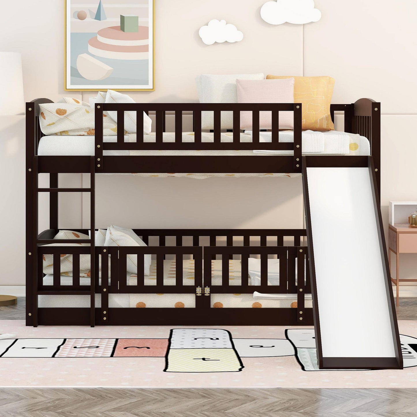 Twin Over Twin Low Bunk Bed With Slide, Fence And Ladder - Espresso