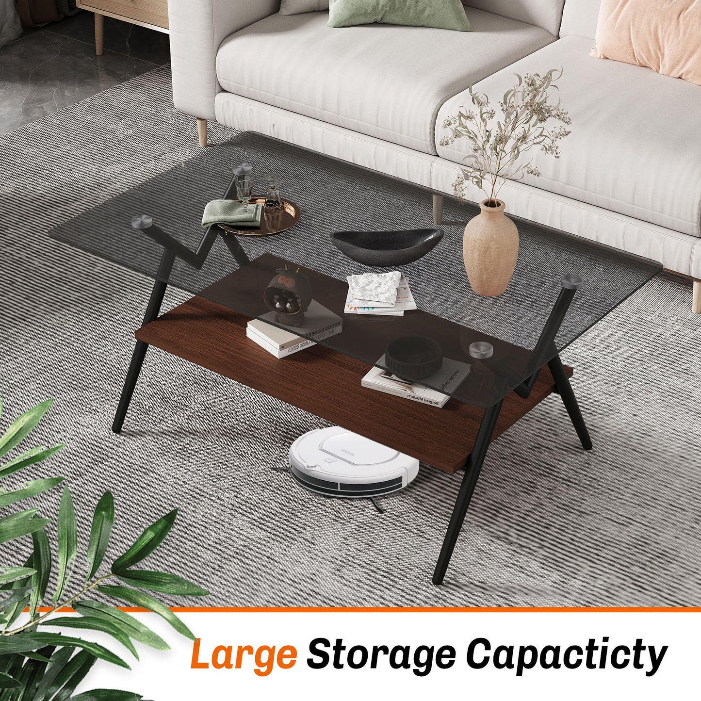 Rectangle Coffee Table With Tempered Glass Top And Brown MDF Shelf, Modern Table For Living Room - Gray