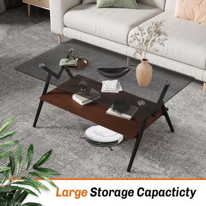 Rectangle Coffee Table With Tempered Glass Top And Brown MDF Shelf, Modern Table For Living Room - Gray