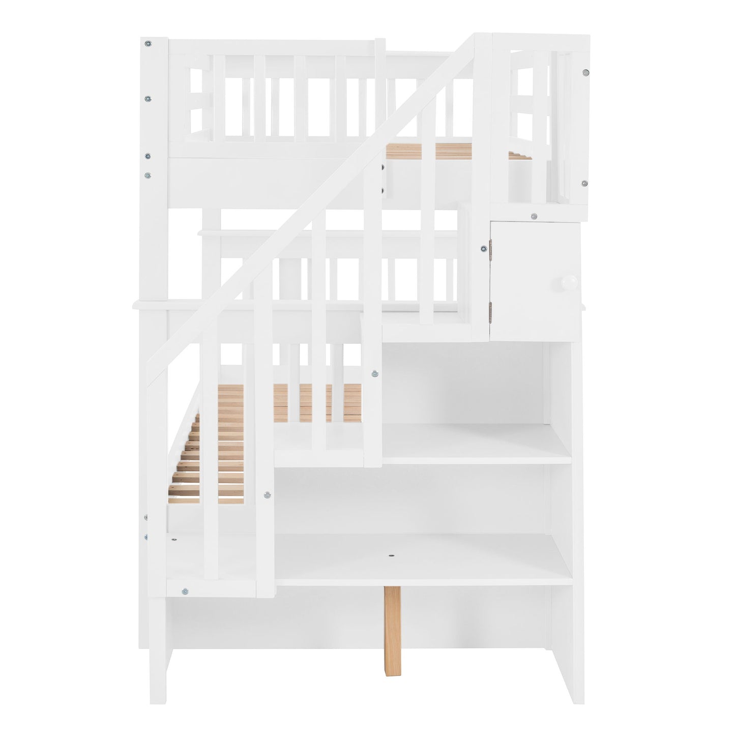 Twin Over Twin Stairway Bunk Bed With Storage And Guard Rail For Bedroom - White