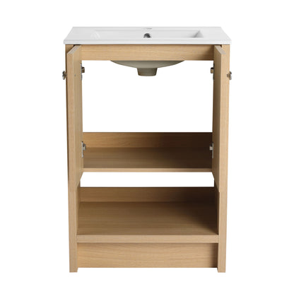 Modern 24" Freestanding Bathroom Vanity With Ceramic Sink And Soft Closing Doors - Oak