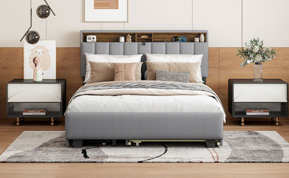 Queen Size Upholstered Platform Bed With Storage Headboard, Twin Long Size Trundle & 2 Drawers And A Set Of Sockets & USB Ports - Gray