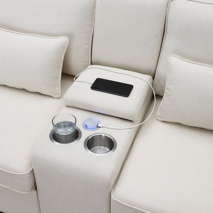 Upholstered Sofa With Console, 2 Cupholders And 2 USB Ports Wired Or Wirelessly Charged, Modern Linen Fabric Couches With 4 Pillows (4 Seat) - Beige