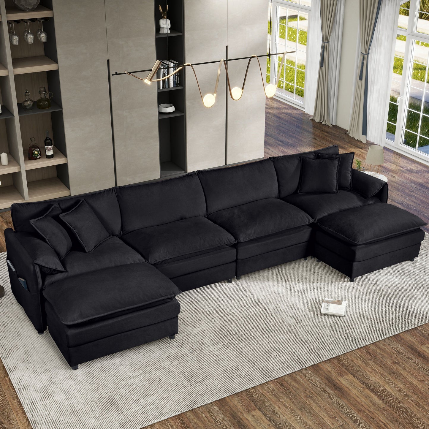 Modular Sectional Sofa, Oversized Deep Seat U Shaped Couch Set, Comfy Cloud Couches With Movable Ottomans - Black