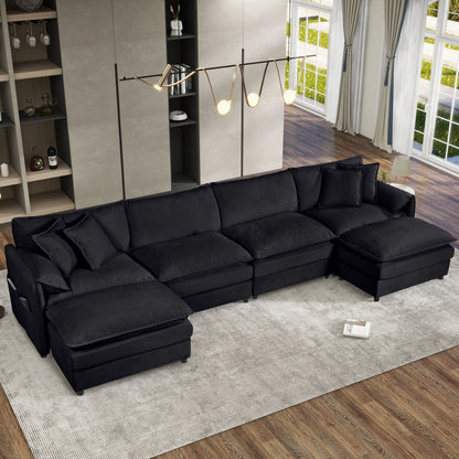 Modular Sectional Sofa, Oversized Deep Seat U Shaped Couch Set, Comfy Cloud Couches With Movable Ottomans - Black