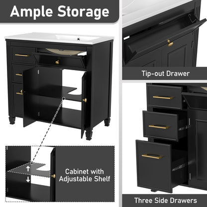 Modern Bathroom Vanity With Ceramic Sink, Freestanding, One Tip - Out Drawer, 3 Side Drawers, Adjustable Shelf - Beige