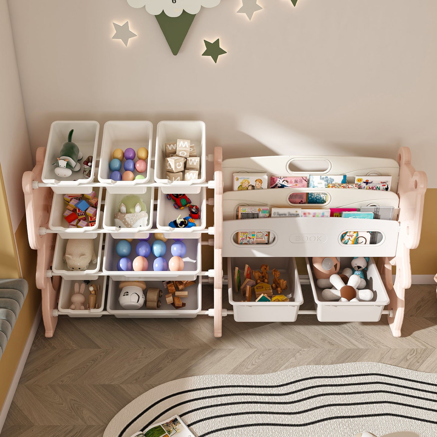 Kids Toy Storage Organizer With 2 Tier Bookshelf And 12 Toy Bins - Pink