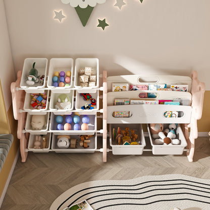 Kids Toy Storage Organizer With 2 Tier Bookshelf And 12 Toy Bins - Pink