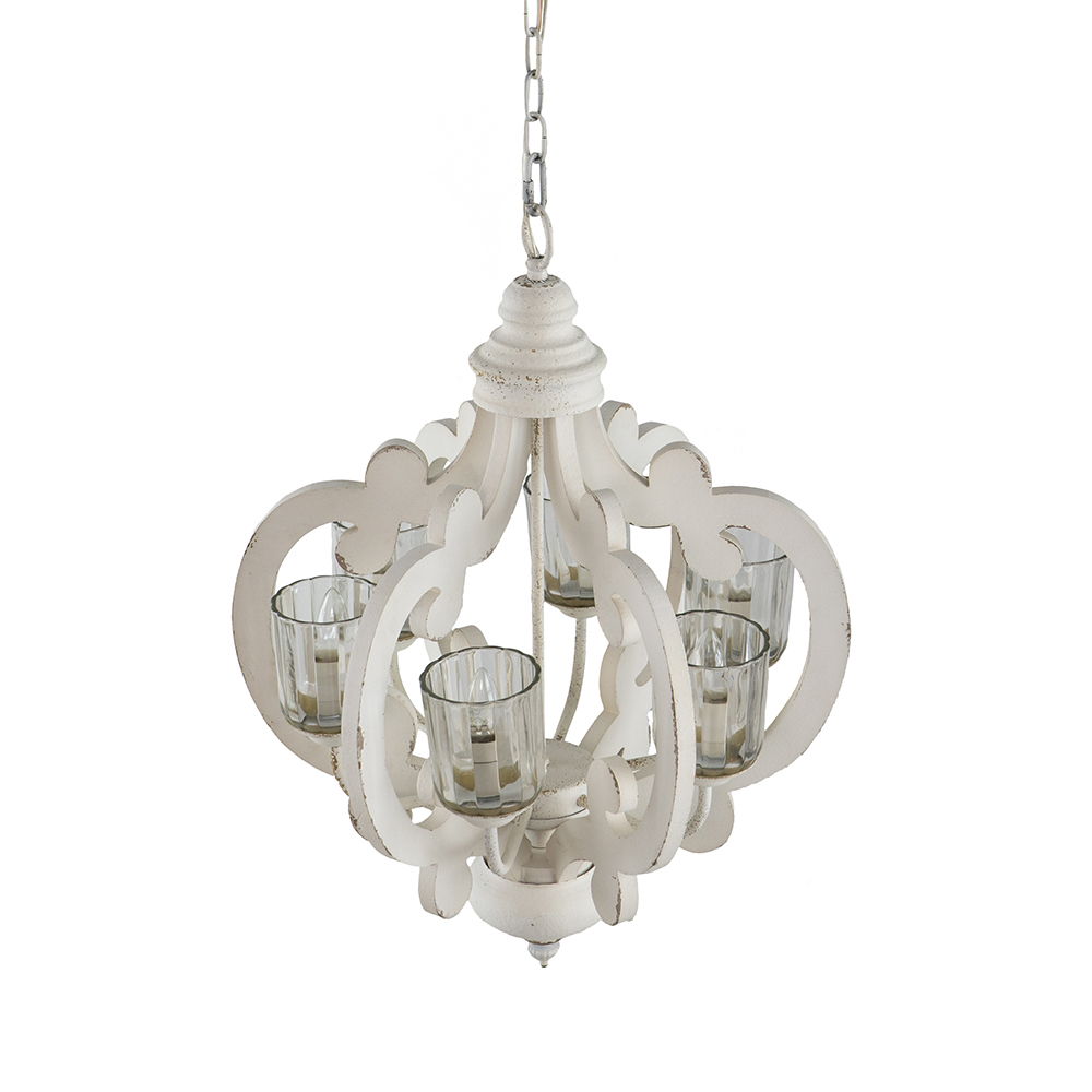Farmhouse Chandelier, 6 Light Wood Chandelier Pendant Light Fixture With Adjustable Chain For Dining Room Living Room Entryway, Bulb Not Included - Cream