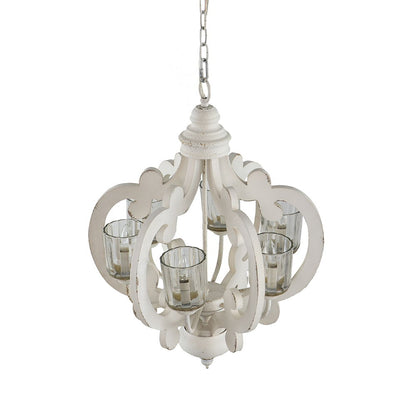 Farmhouse Chandelier, 6 Light Wood Chandelier Pendant Light Fixture With Adjustable Chain For Dining Room Living Room Entryway, Bulb Not Included - Cream
