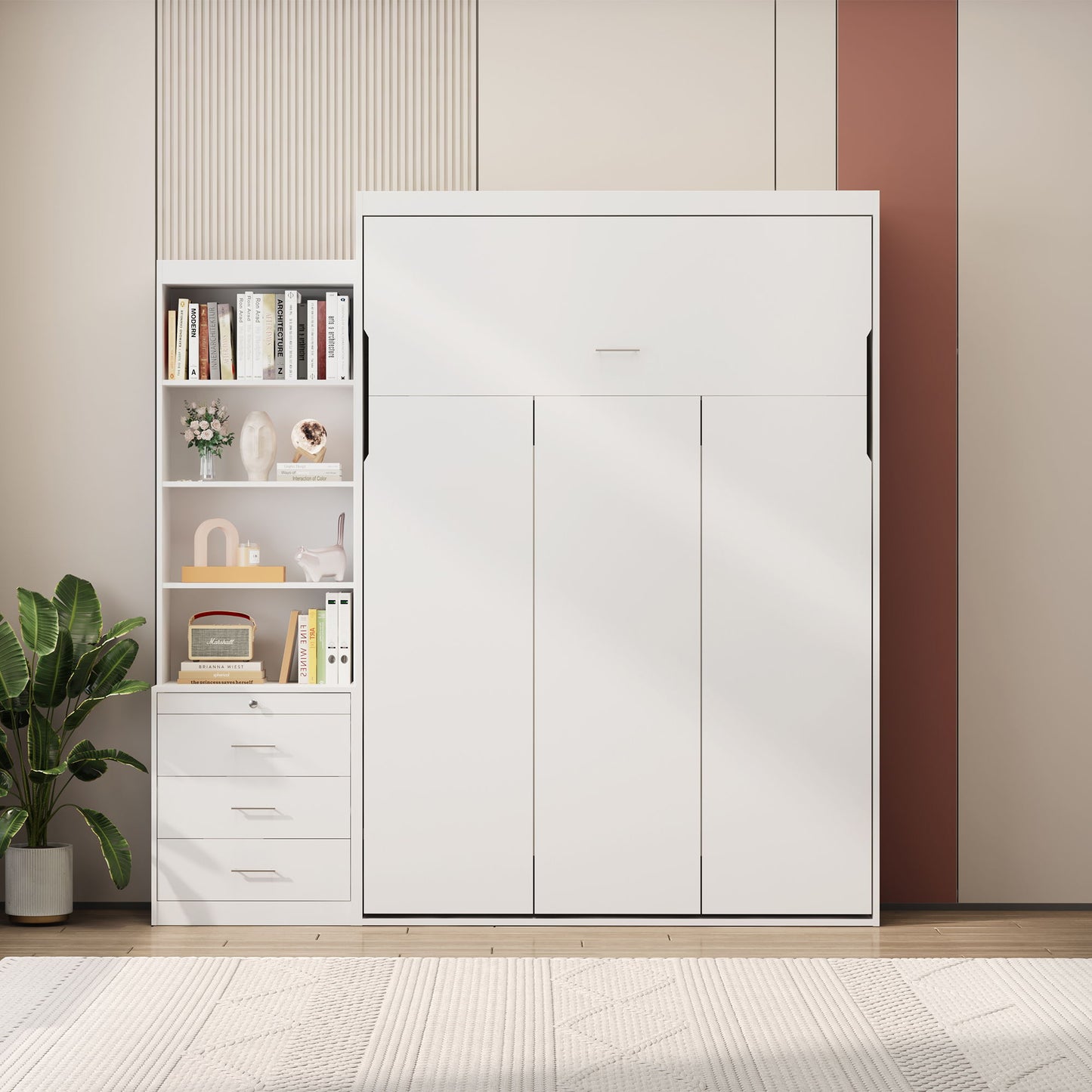 Morden Deisgn Full Size Vertical Murphy Bed With Shelf And Drawers For Bedroom Or Guestroom Wall Bed Space Saving Hidden Bed With New Style Gas Struts - White