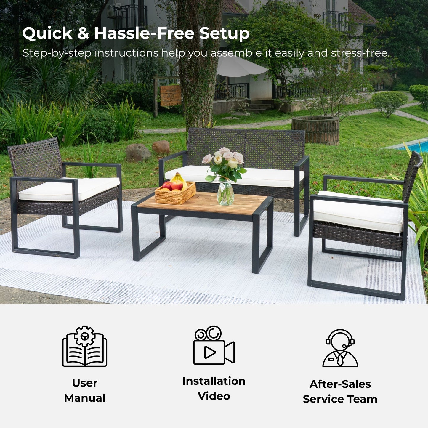 Modern 4 Piece Patio Furniture Set With Acacia Wood Table Top And Beige Cushions - Brown
