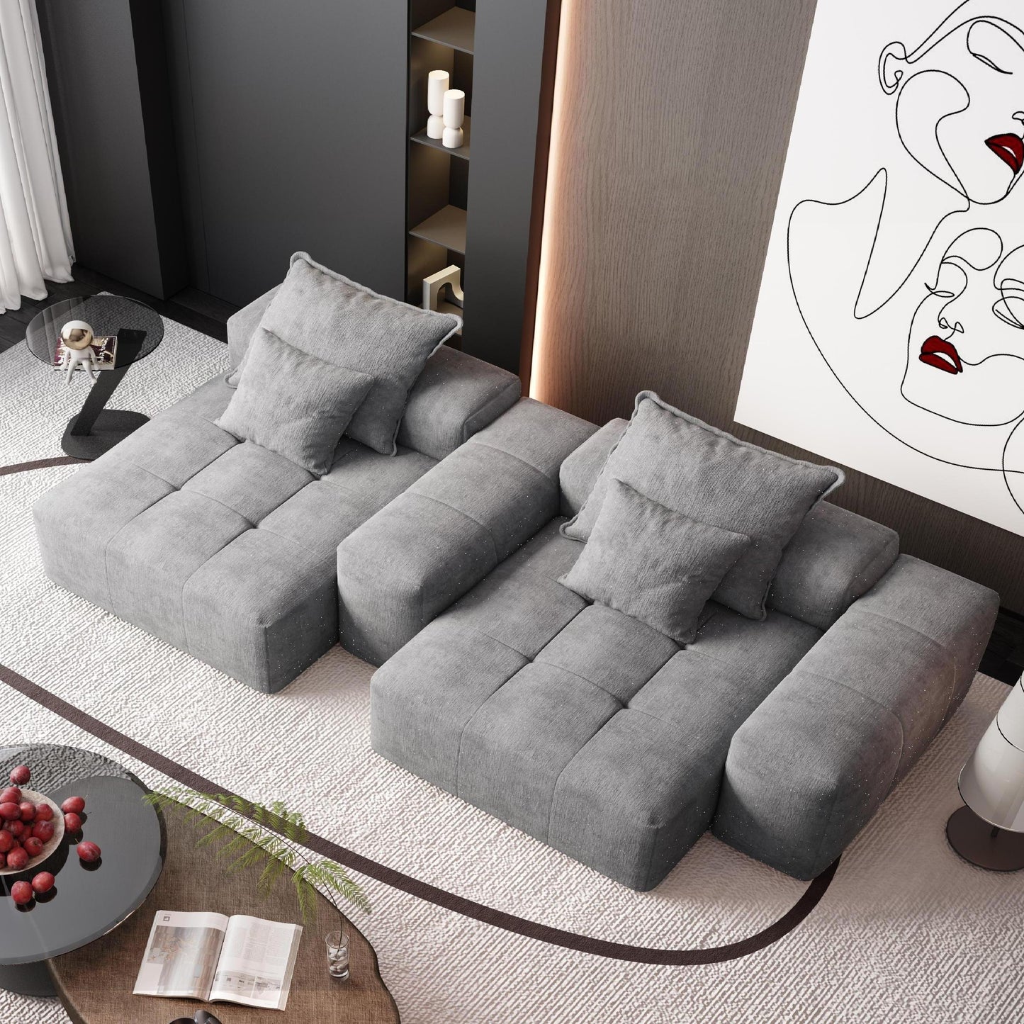 Modern Oversized Modular Sectional Sofa With 2 Chaise Lounge And 2 Armrest, Sparkling Chenille Fabric Soft Cushion Sofa With 4 Pillows, 4 Pieces Diy Combination Tufted Sofa, No Assembly Required - Gray