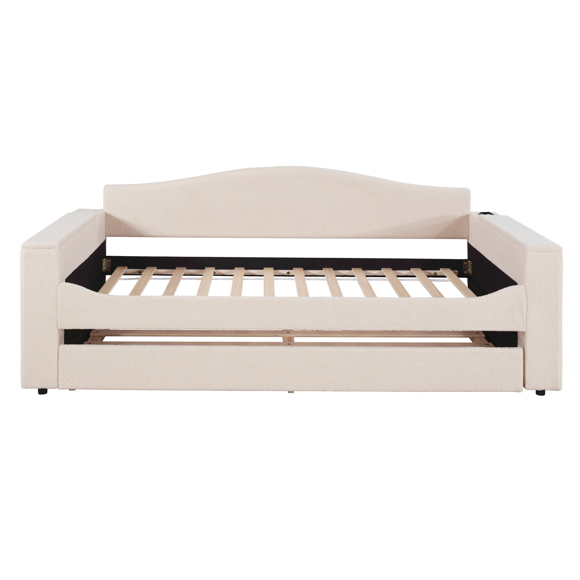 Twin Size Upholstered Daybed With Storage Armrests, Trundle And Latest Integrated Bluetooth Audio System - Beige