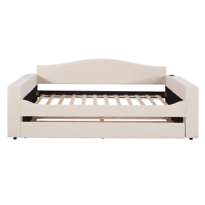 Twin Size Upholstered Daybed With Storage Armrests, Trundle And Latest Integrated Bluetooth Audio System - Beige