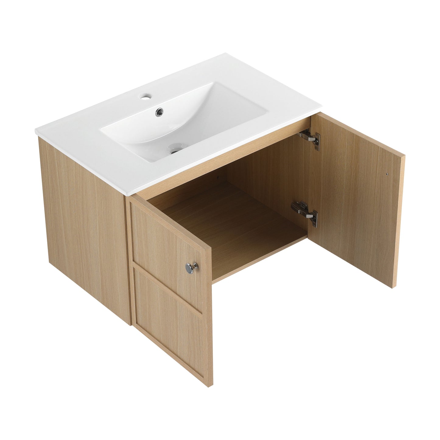 Modern Wall Mounted 30" Bathroom Vanity With Ceramic Sink And Soft Closing Doors - Oak