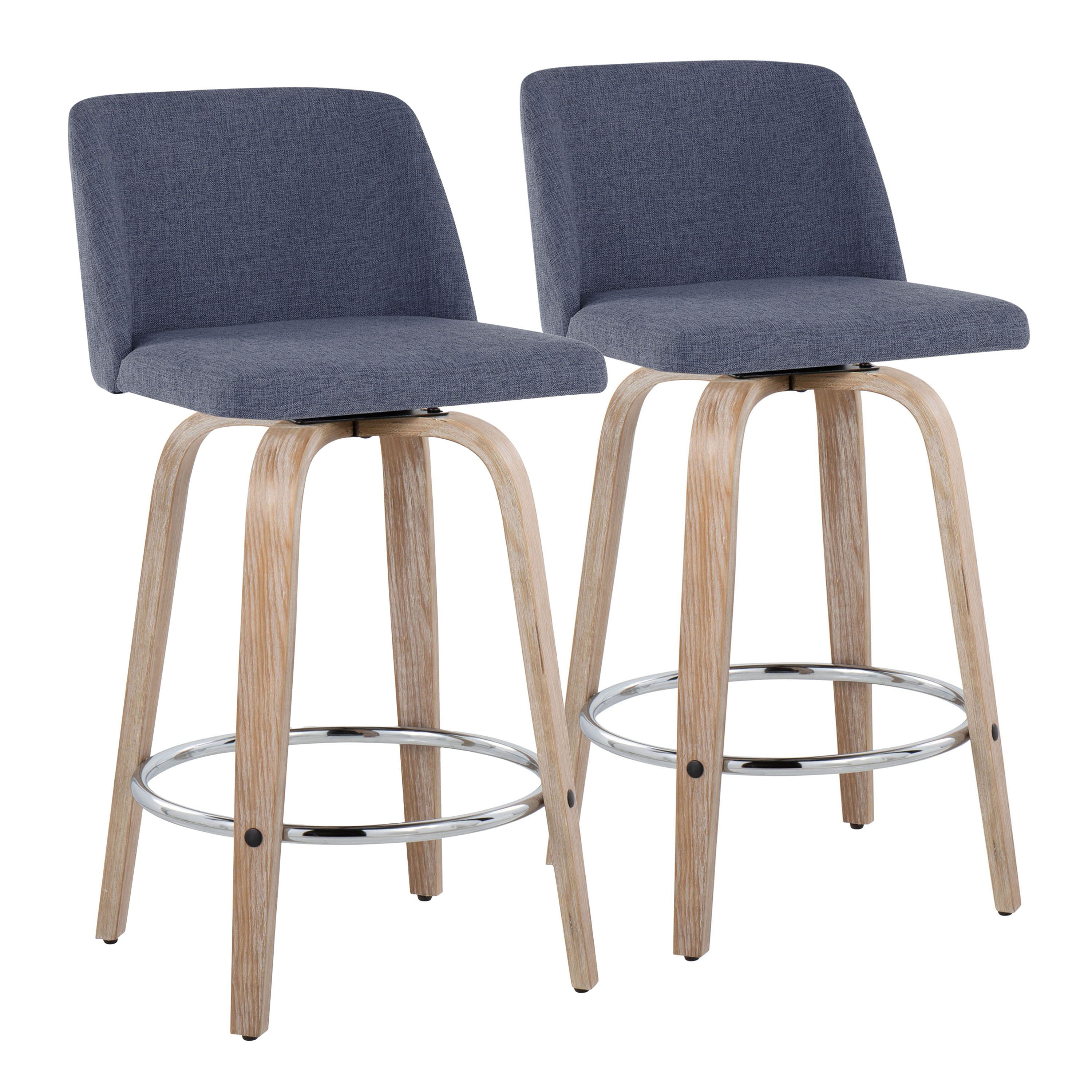 Toriano - Contemporary Fixed Height Counter Stool With Swivel With Round Footrest (Set of 2) - Whitewashed / Blue