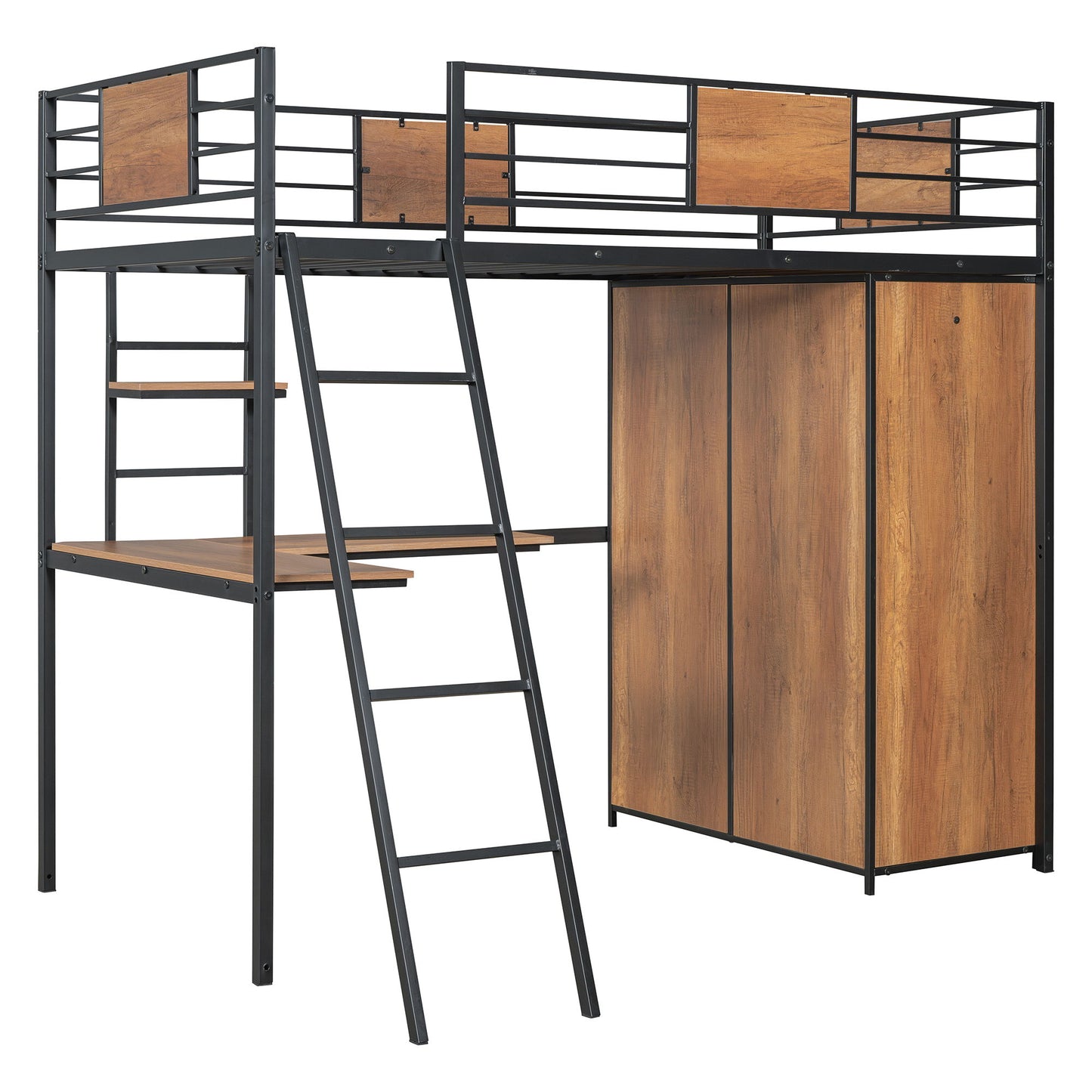Twin Size Loft Bed With L Shape Desk And Wardrobe - Black