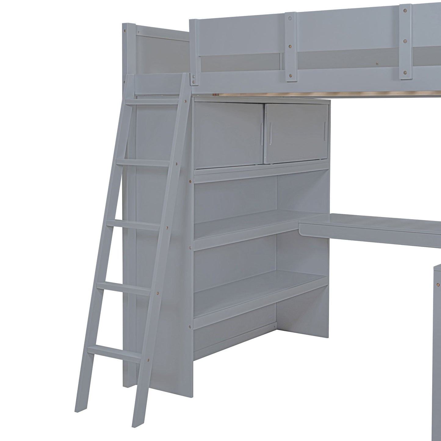 Full Size Modern Loft Bed With Desk And Shelves - Gray