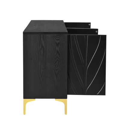 Modern Sideboard Buffet Cabinet With Handleless Press To Open Design, Carved Credenza Storage Cabinet With 4 Doors Construction - Black
