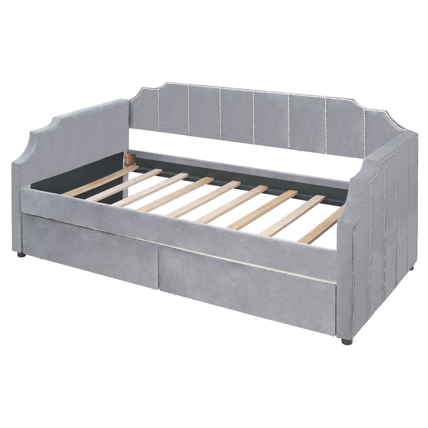 Twin Size Upholstered Classic Daybed With Drawers, Slat Support - Gray