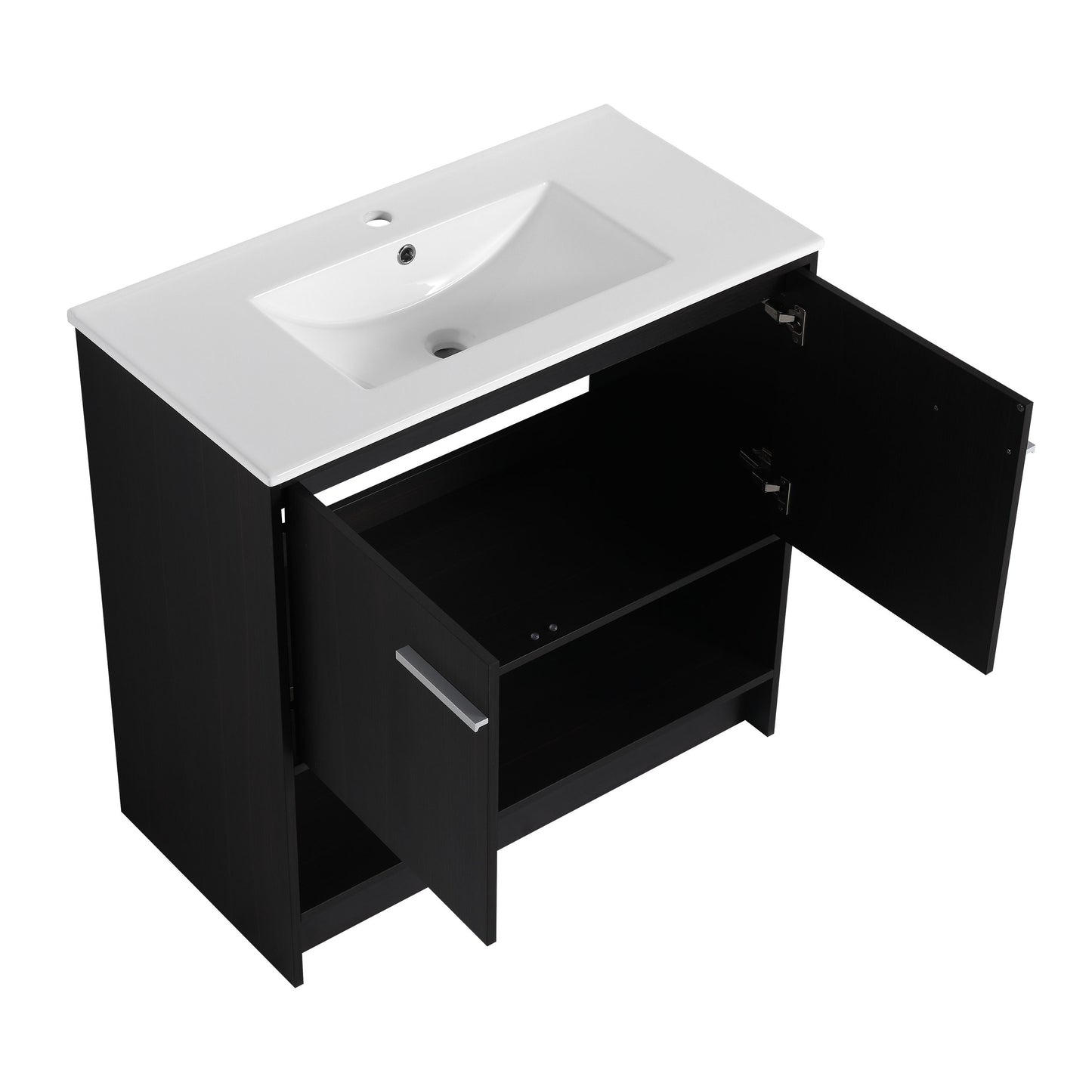 Modern 36" Bathroom Vanity With Ceramic Sink And Soft Closing Doors - Dark Oak