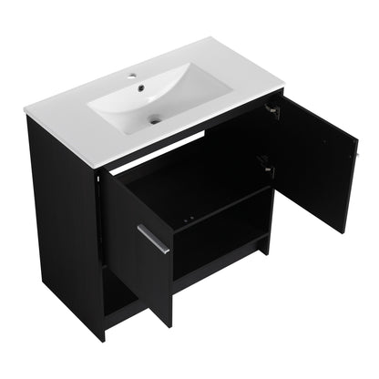 Modern 36" Bathroom Vanity With Ceramic Sink And Soft Closing Doors - Dark Oak