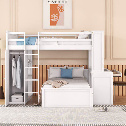 Full Size Loft Bed With A Twin Size Stand Alone Bed, Shelves, Desk, And Wardrobe - White