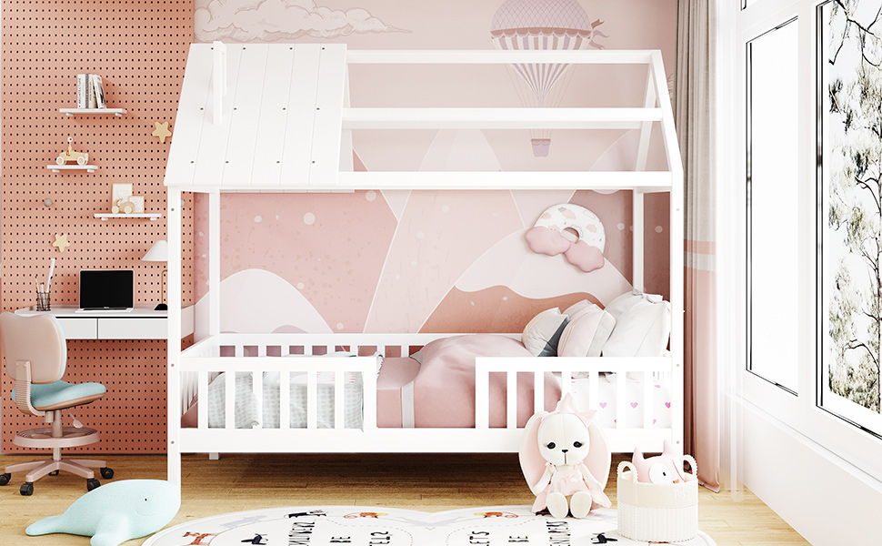 Twin Size House Bed With Fence - White