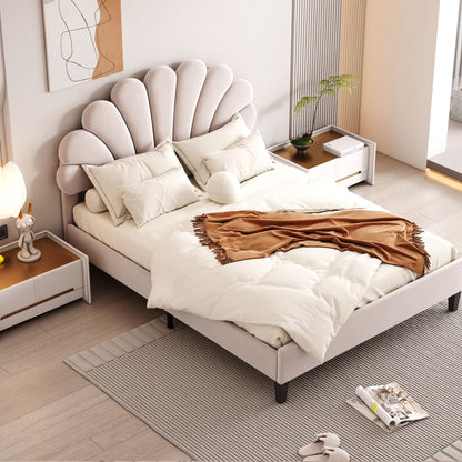 Full Size Upholstered Platform Bed With Flower Pattern Headboard - Beige
