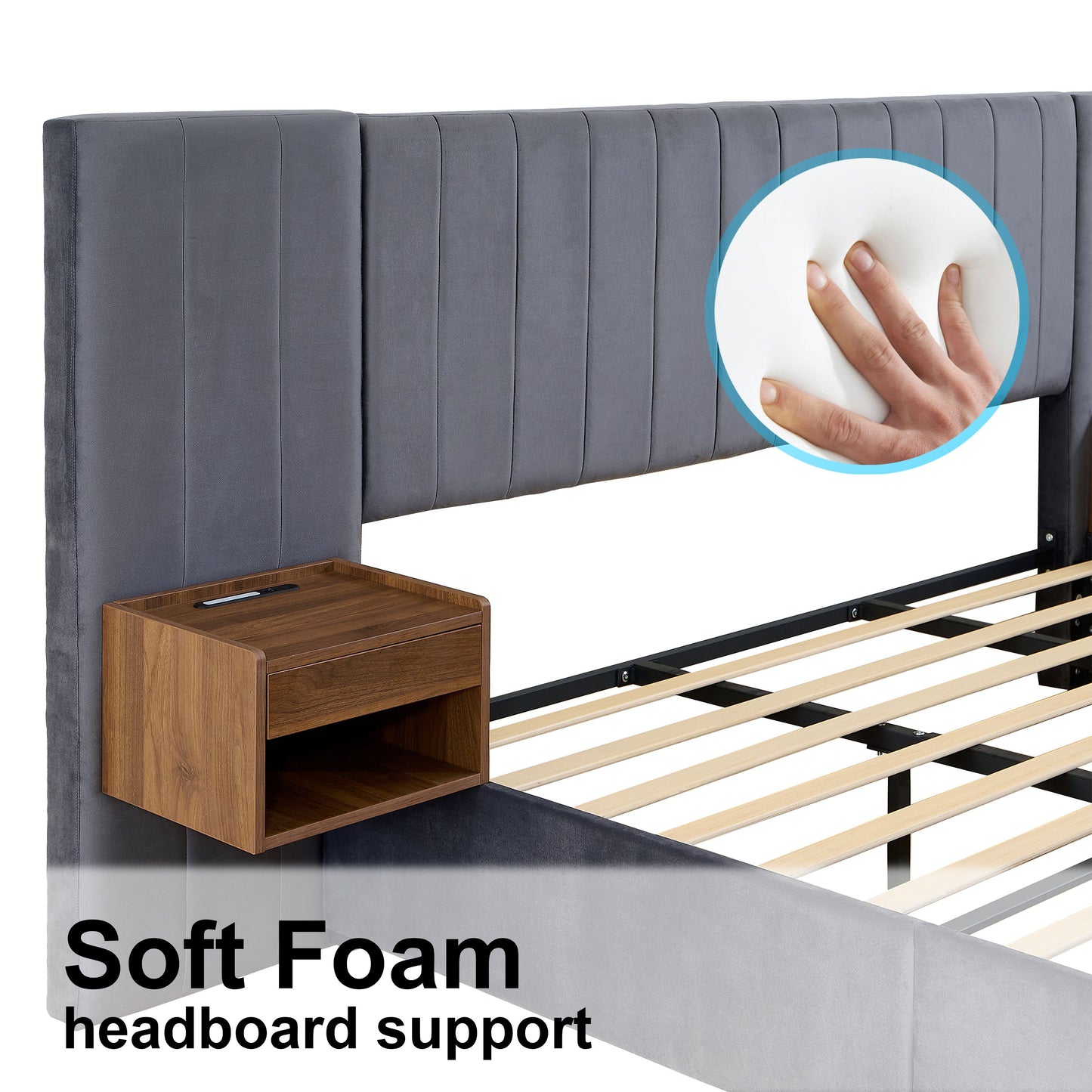 Upholstered King Size Bed Frame Of Velvet Tufted Headboard With Floating Nightstand LED / USB Built - Gray
