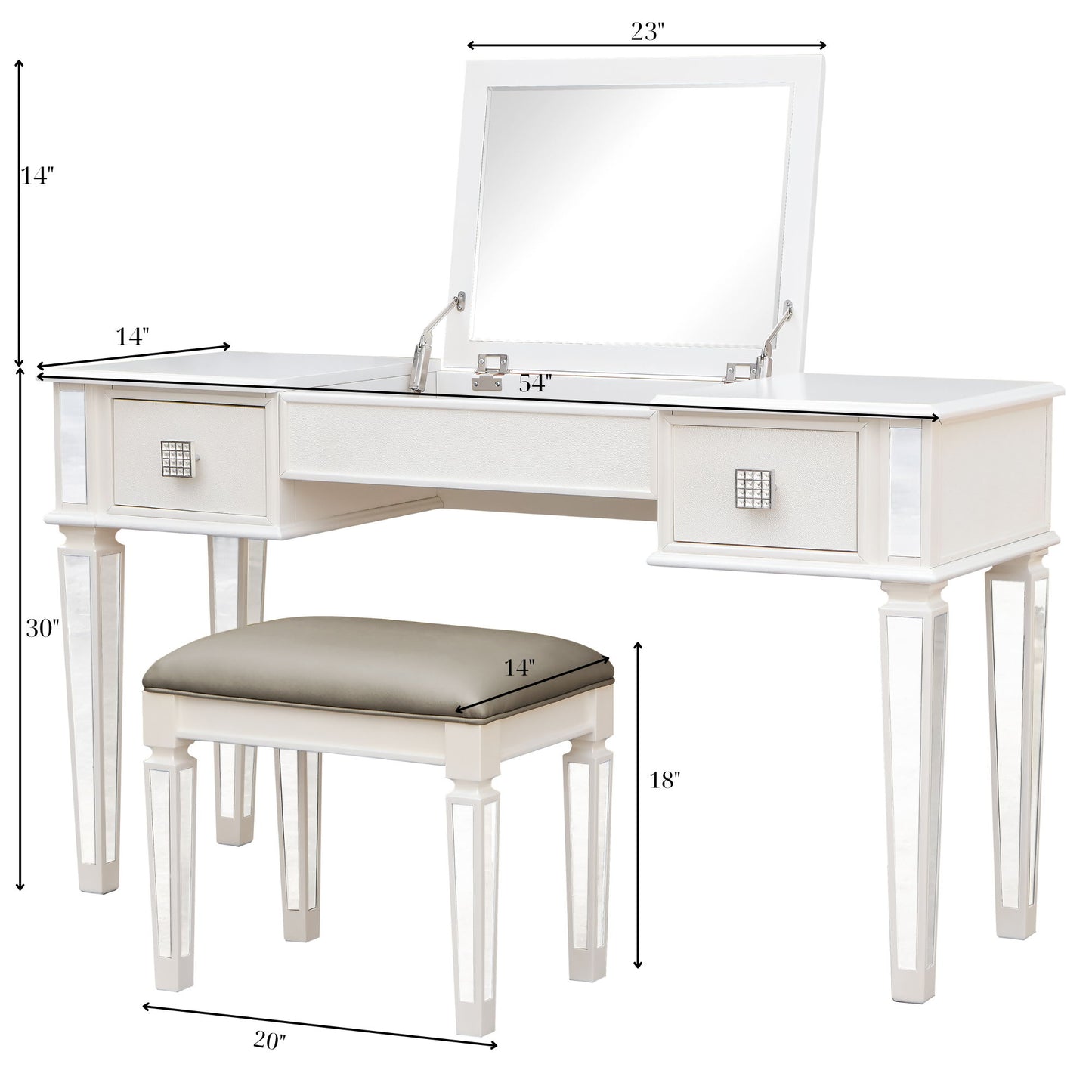 Elegant Mirrored Vanity Desk Set With Drawers And Flip Up Mirror, Silver Finish, Glass And Wood - White