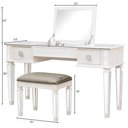 Elegant Mirrored Vanity Desk Set With Drawers And Flip Up Mirror, Silver Finish, Glass And Wood - White