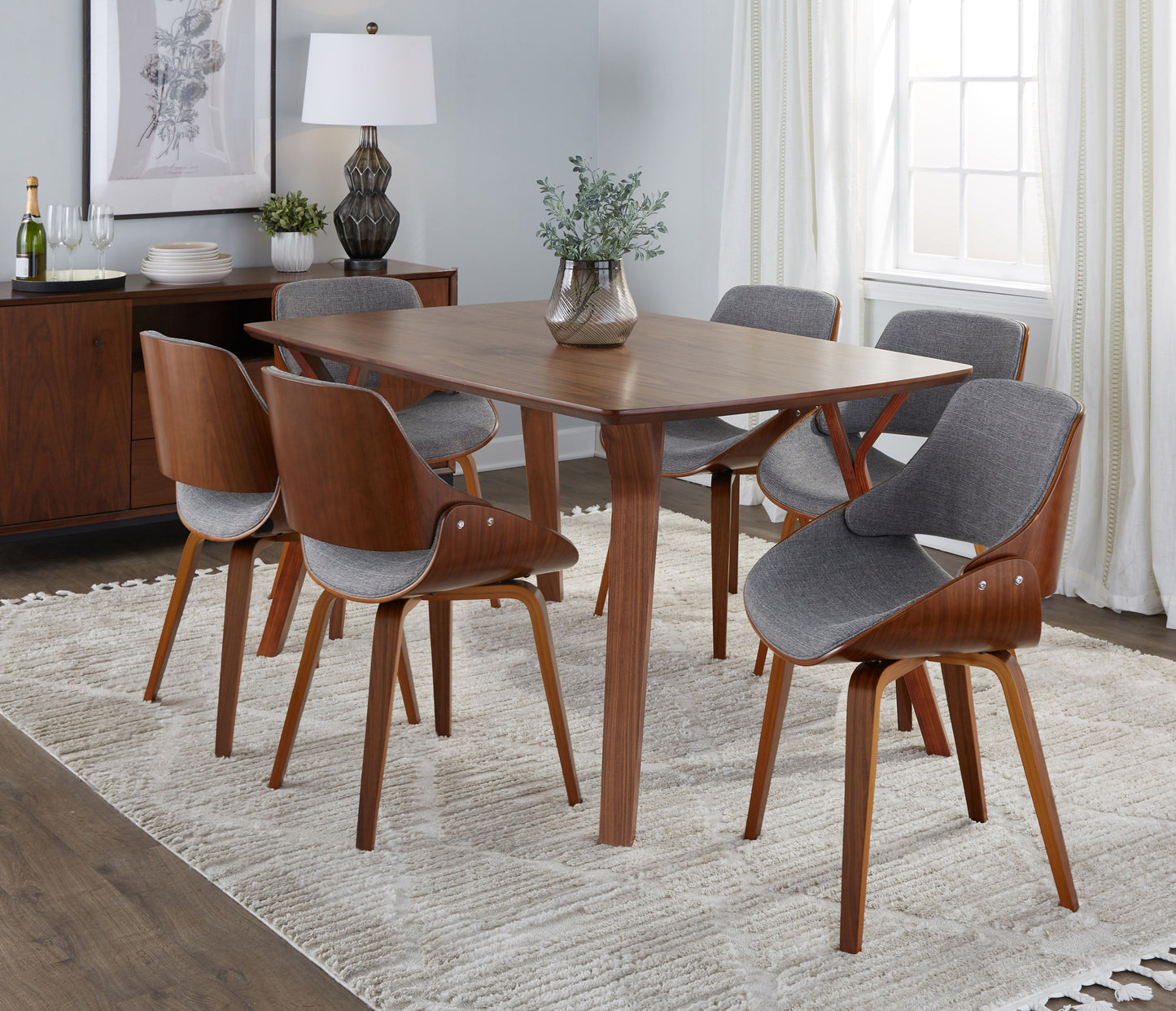 Folia Fabrizzi - 7 Piece Mid-Century Modern Dining Set - Walnut / Gray