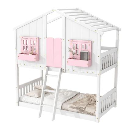 Twin Over Twin House Bunk Bed With Roof, Window, Window Box, Door, With Safety Guardrails And Ladder - Pink / White