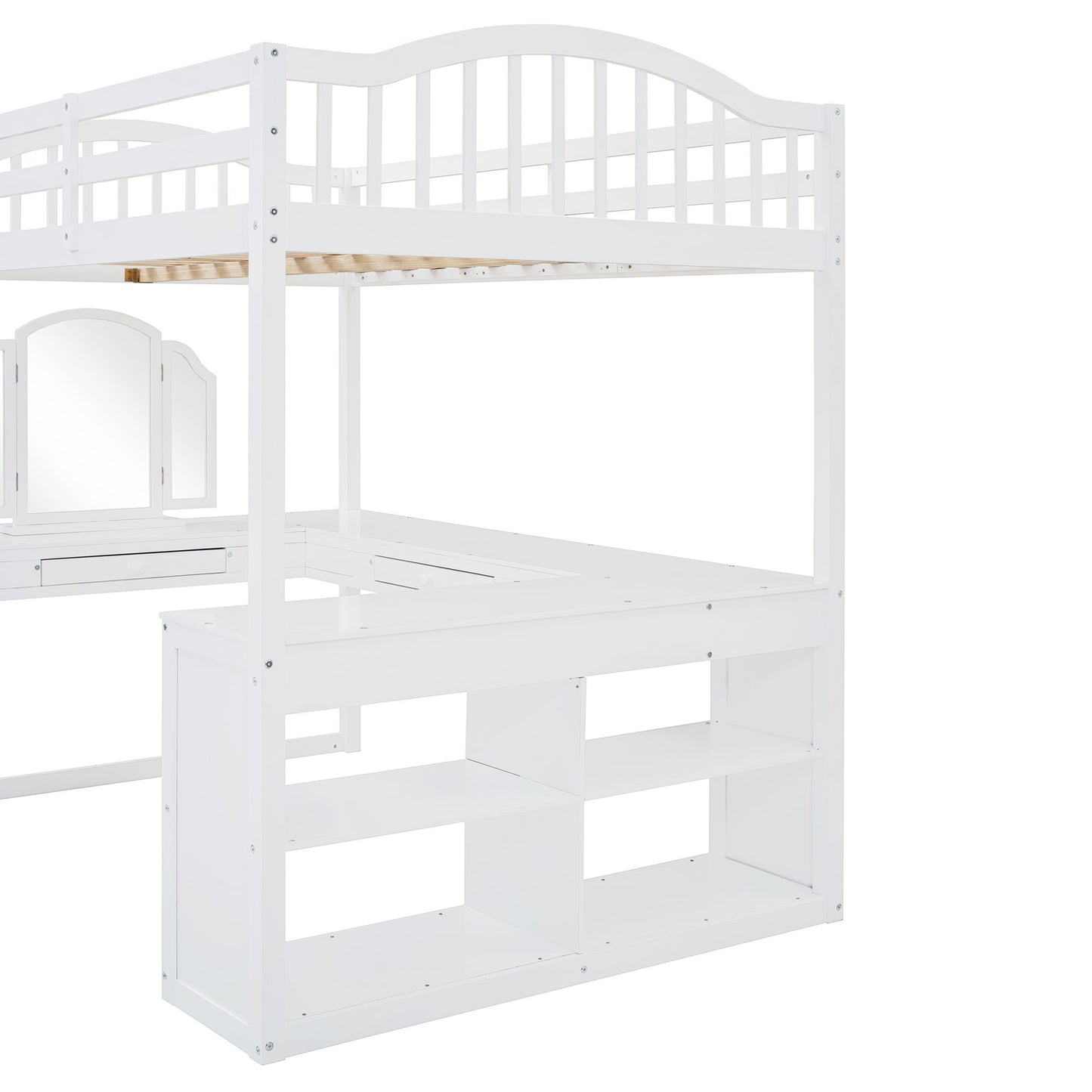 Full Loft Bed With U Shaped Desk, Storage Compartments And Tri Fold Mirror - White