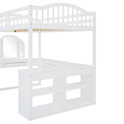 Full Loft Bed With U Shaped Desk, Storage Compartments And Tri Fold Mirror - White