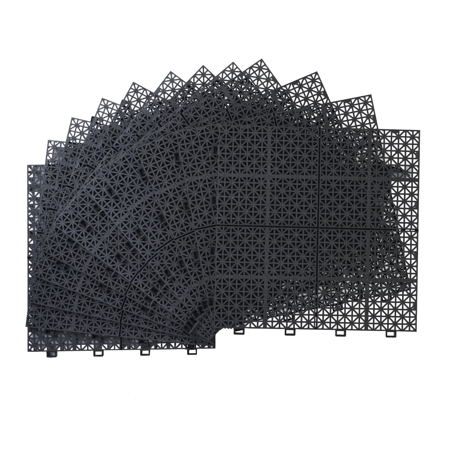 Interlocking Deck Tiles Plastic Waterproof Outdoor All Weather Anti-Slip Bathroom Shower Balcony Porch Strong Weight Capacity Upto 6613 Lbs, Rosette Pattern Pack Of 12 - Black