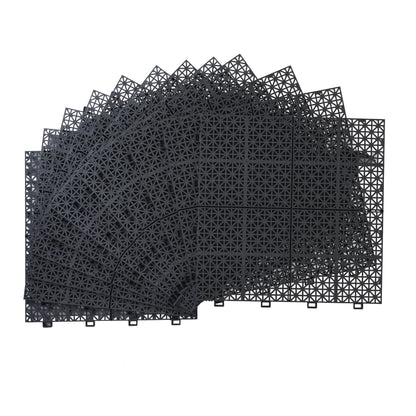 Interlocking Deck Tiles Plastic Waterproof Outdoor All Weather Anti-Slip Bathroom Shower Balcony Porch Strong Weight Capacity Upto 6613 Lbs, Rosette Pattern Pack Of 12 - Black