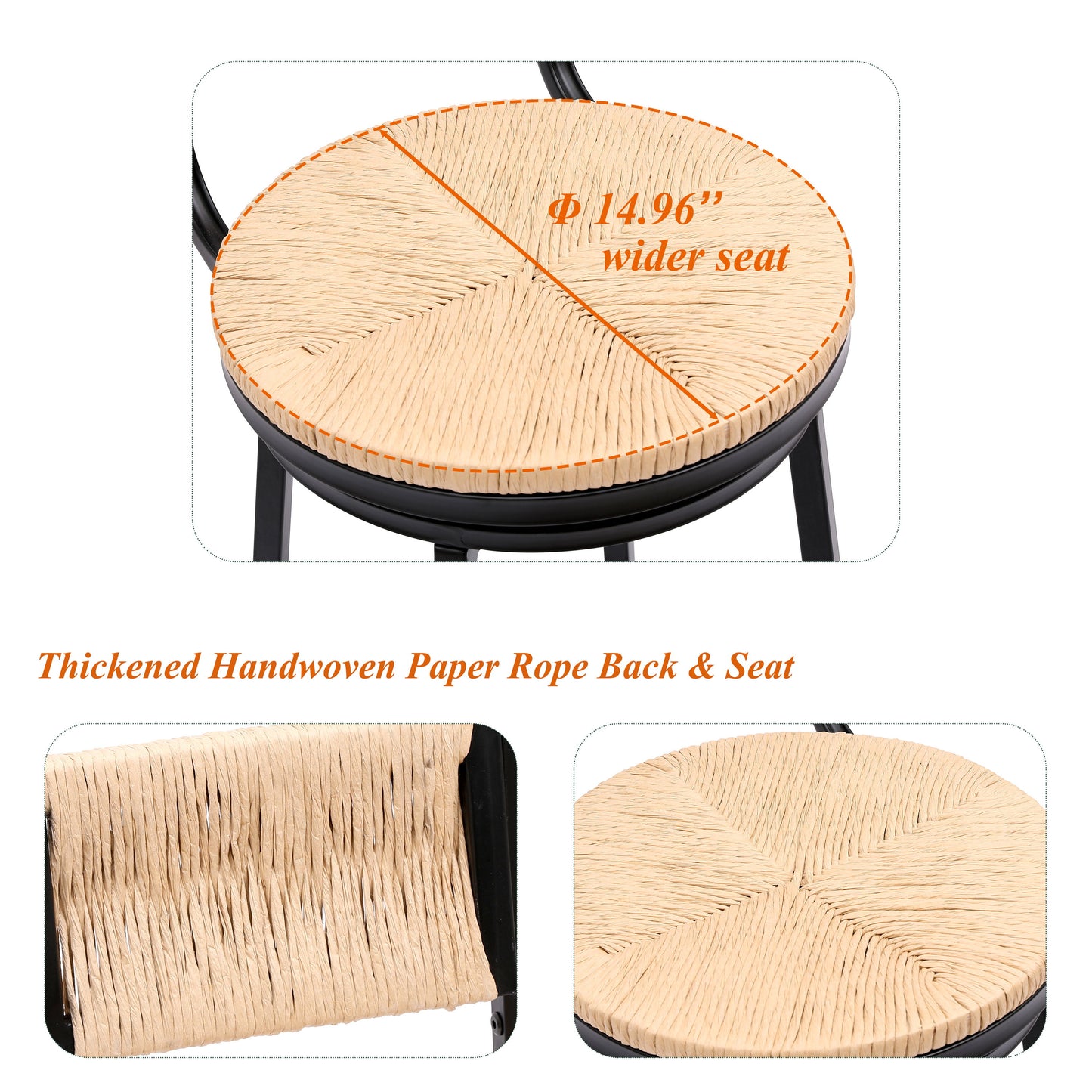 Honey Swivel Bar Stools Paper Rope Handwoven Barstools With Back (Set of 2) Rustic Round Counter Chairs For Dining Room, Kitchen Island - Honey