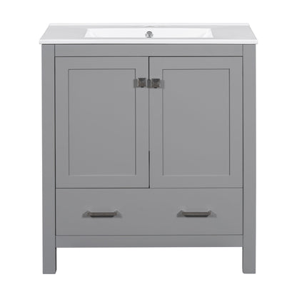 Bathroom Vanity With Single Sink, Combo Cabinet Undermount Sink, Bathroom Storage Cabinet With Two Doors And A Drawer, Soft Closing, Multifunctional Storage, Solid Wood Frame - Gray
