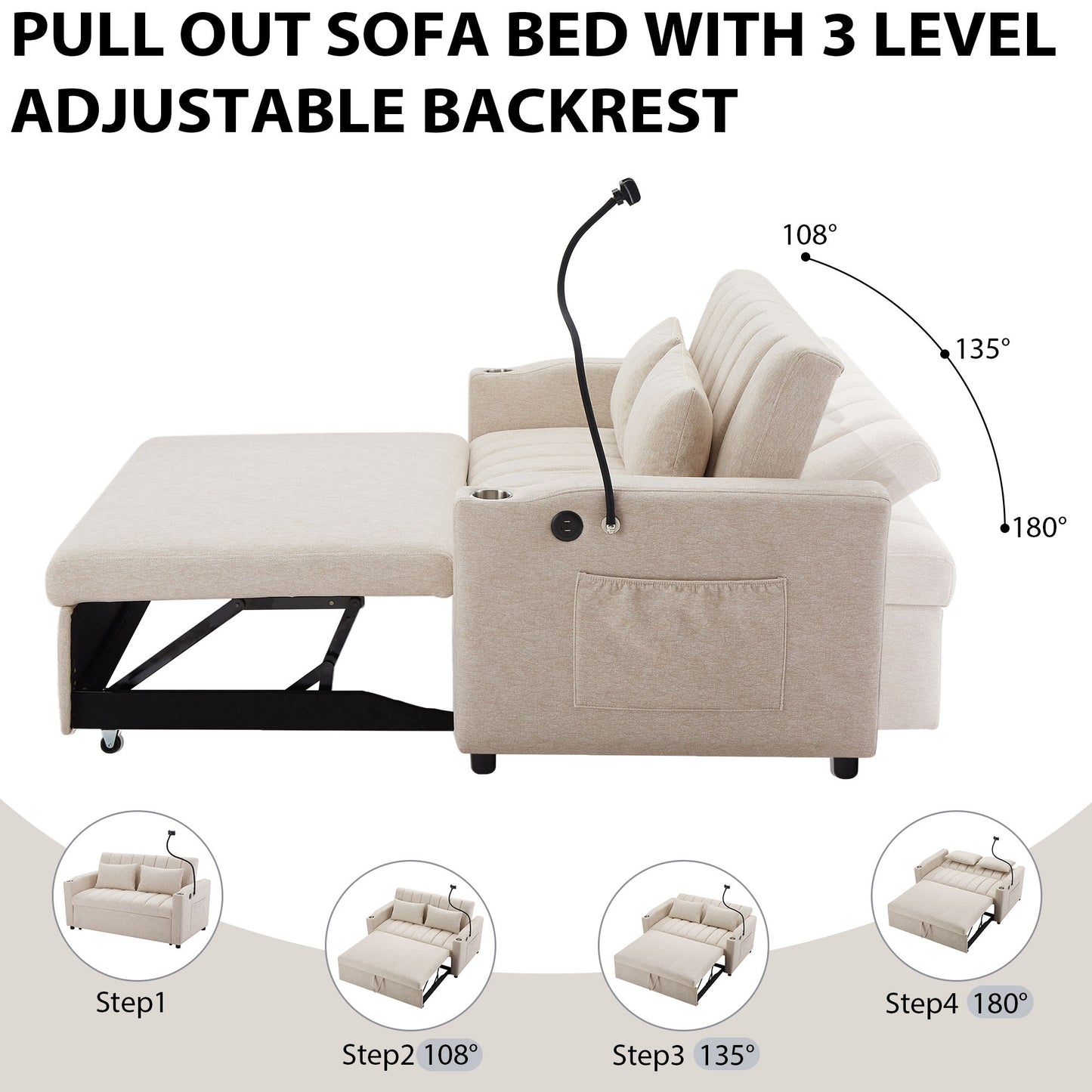 Convertible Sofa Bed Loveseat Sofa With Three USB Ports, Two Side Pockets, Two Cup Holders And 360ÔøΩÔøΩÔøΩÔøΩÔøΩÔøΩÔøΩÔøΩÔøΩÔøΩÔøΩÔøΩÔøΩÔøΩÔøΩÔøΩÔøΩÔøΩÔøΩÔøΩÔøΩÔøΩÔøΩÔøΩÔøΩÔøΩÔøΩÔøΩÔøΩÔøΩÔøΩÔøΩÔøΩ swivel Phone Holder For Living Room - Beige