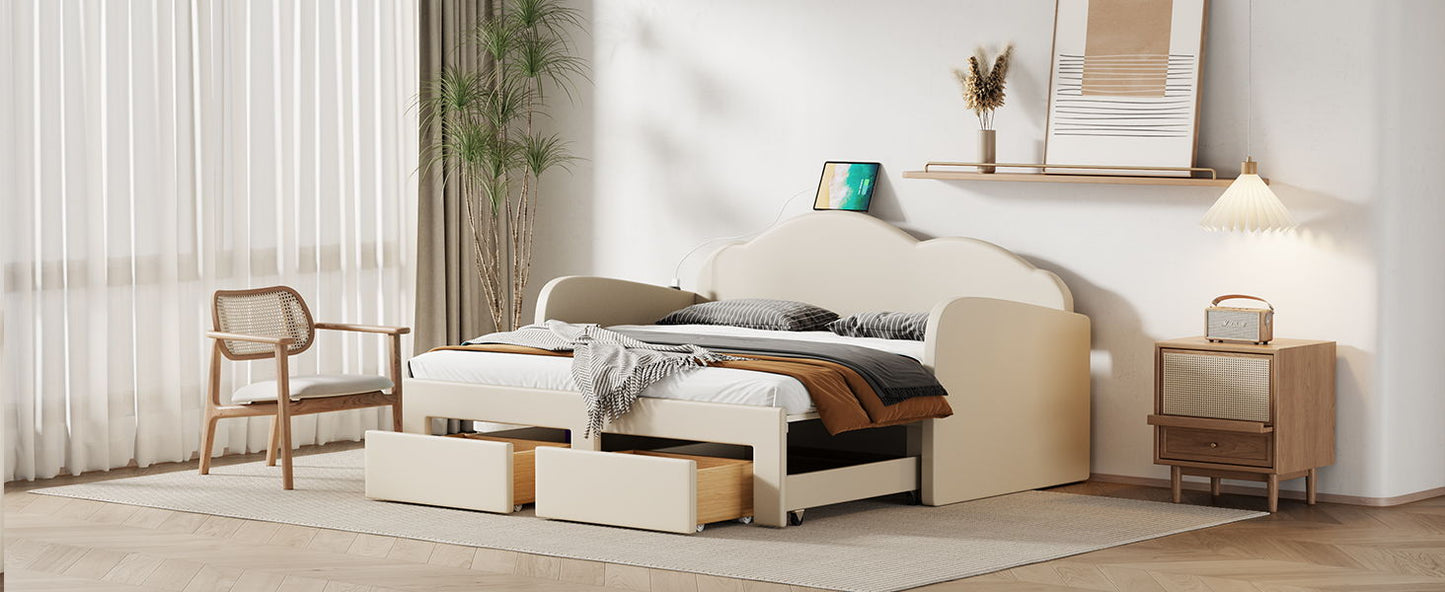 Twin Size Upholstered Daybed With Cloud-Shaped Backrest, Trundle & 2 Drawers And USB Ports - Beige